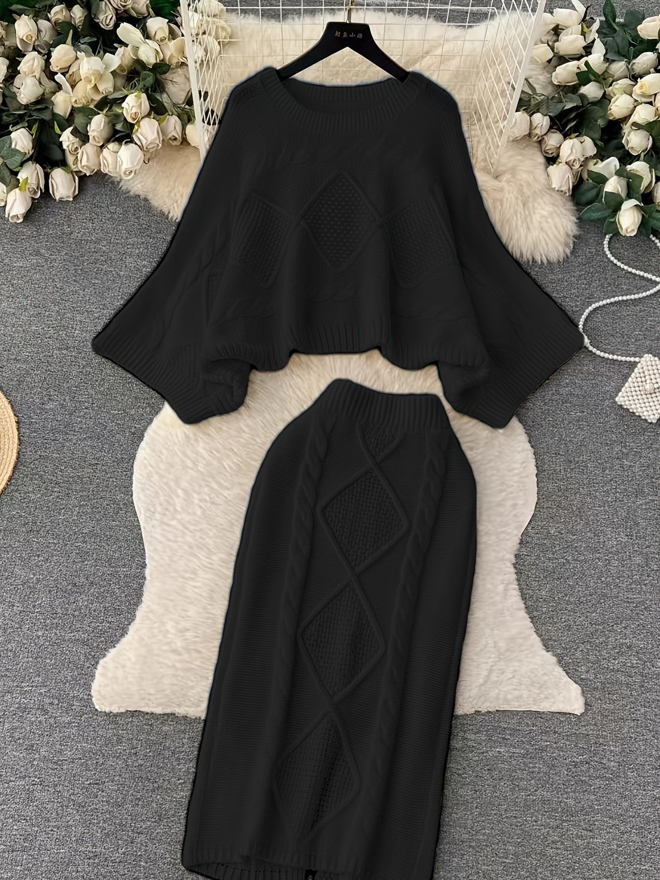 Snygg Hög Hals Flared Ärmar Pullover & Slim Stickad Kjol Outfit Set för Dam | Perfekt för lediga dagar