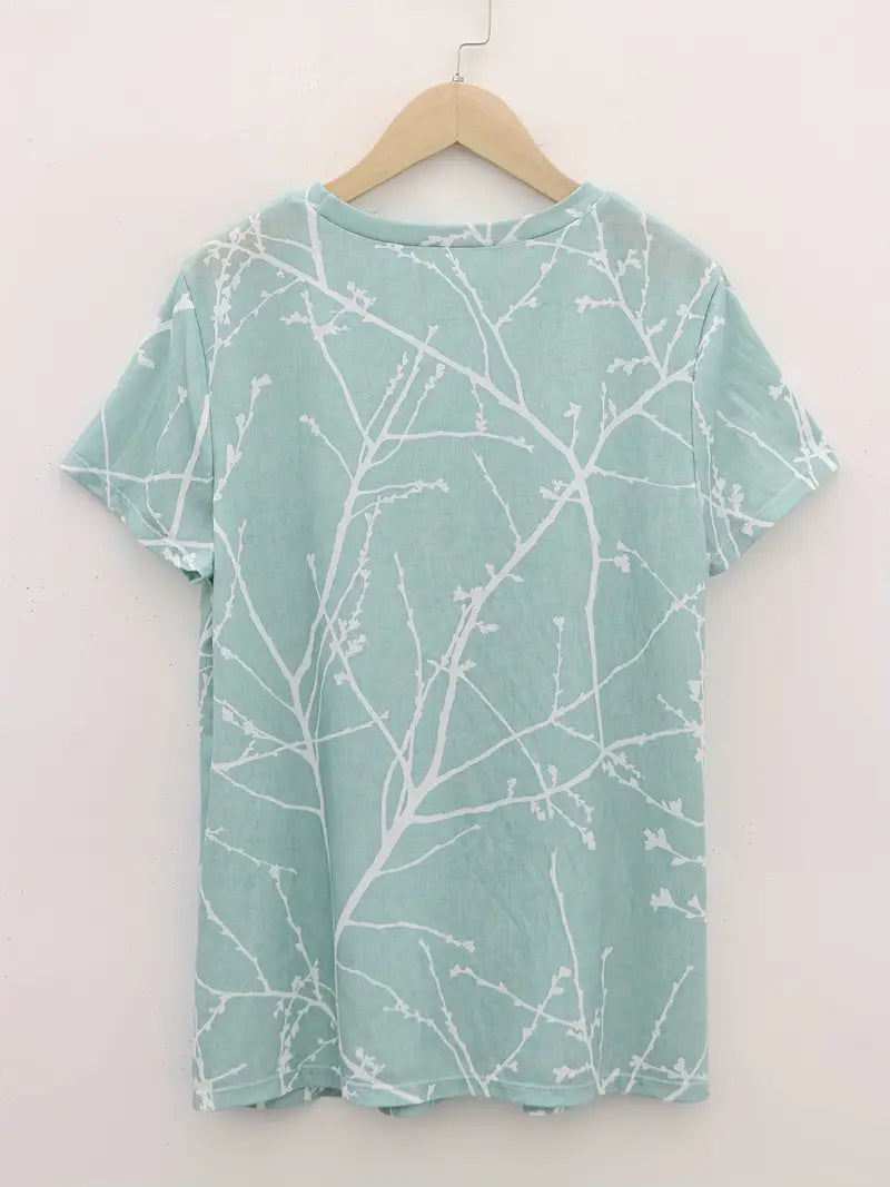 Dam Elegant Mjuk T-Shirt med Växttryck och Cirkulär Halsringning-1