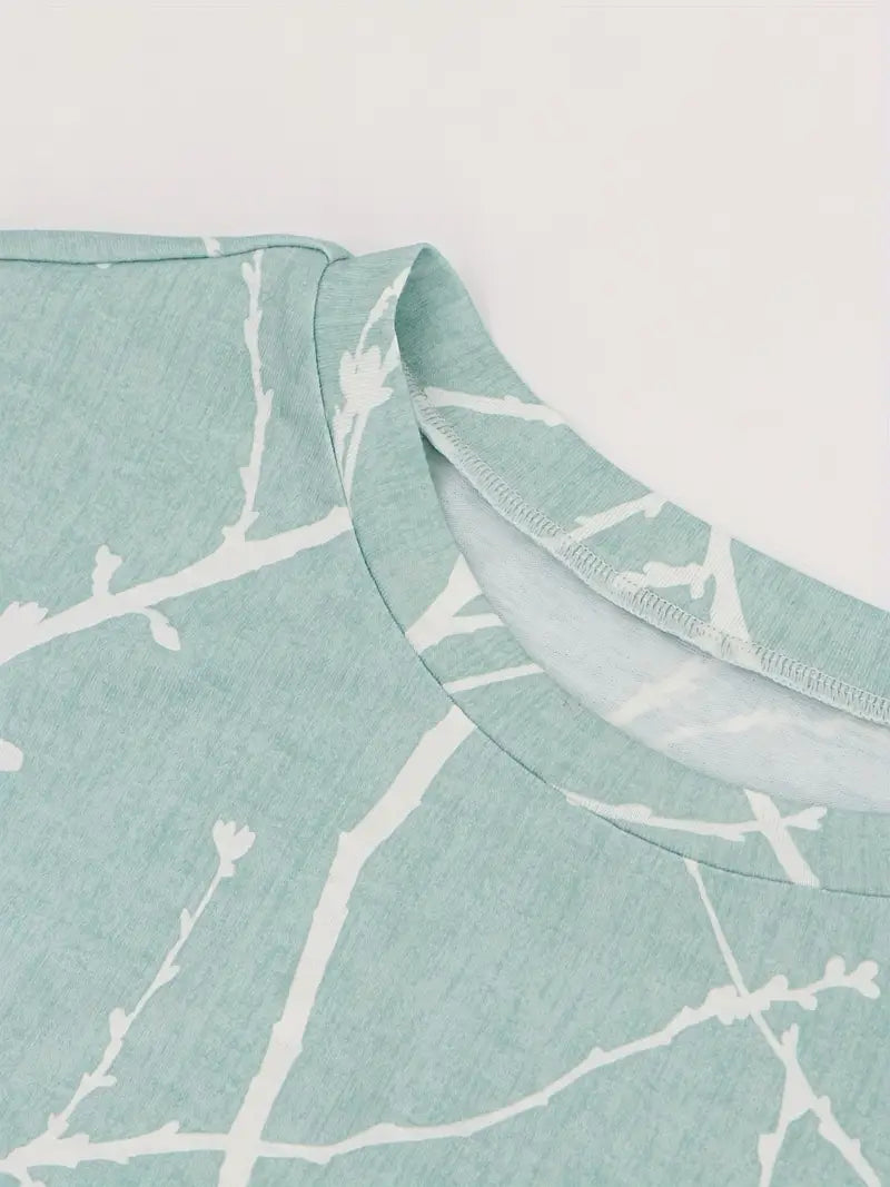 Dam Elegant Mjuk T-Shirt med Växttryck och Cirkulär Halsringning-2