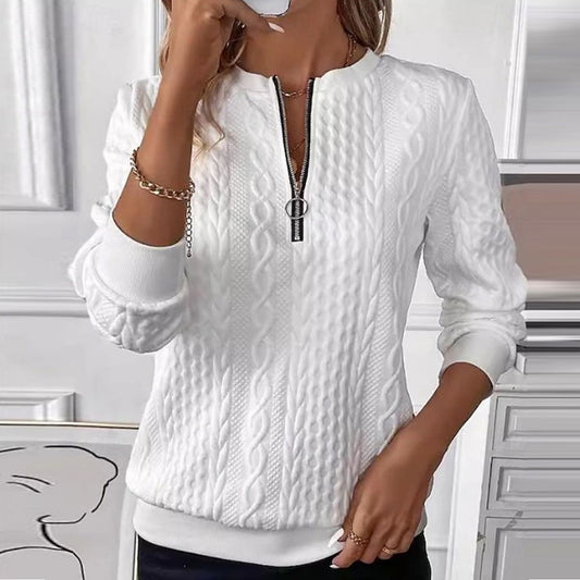 Amelie - Half Zip Kabelstickad Tröja med Rund Hals för Dam | Perfekt för alla årstider