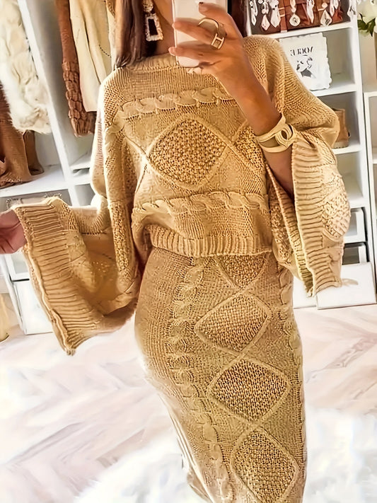 Snygg Hög Hals Flared Ärmar Pullover & Slim Stickad Kjol Outfit Set för Dam | Perfekt för lediga dagar