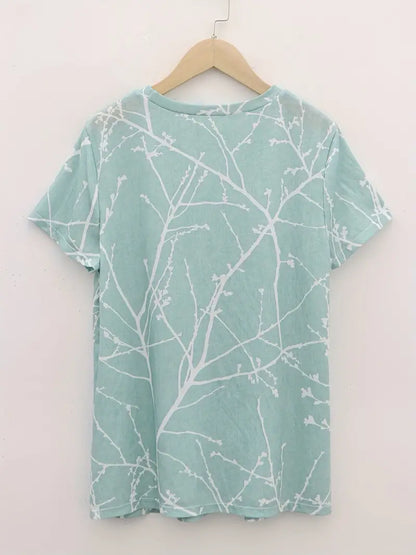 Dam Elegant Mjuk T-Shirt med Växttryck och Cirkulär Halsringning-1