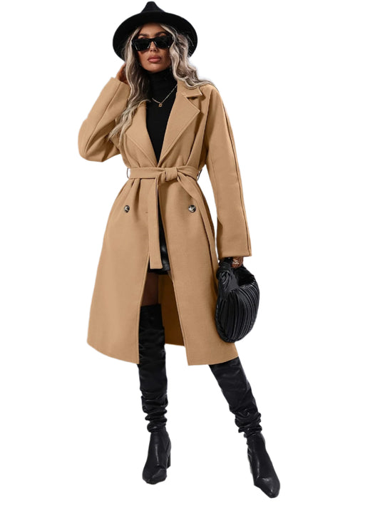 Elegant Trenchcoat med Bälte och Enfärgade Khaki Fickor för Dam | Idealisk för vintern