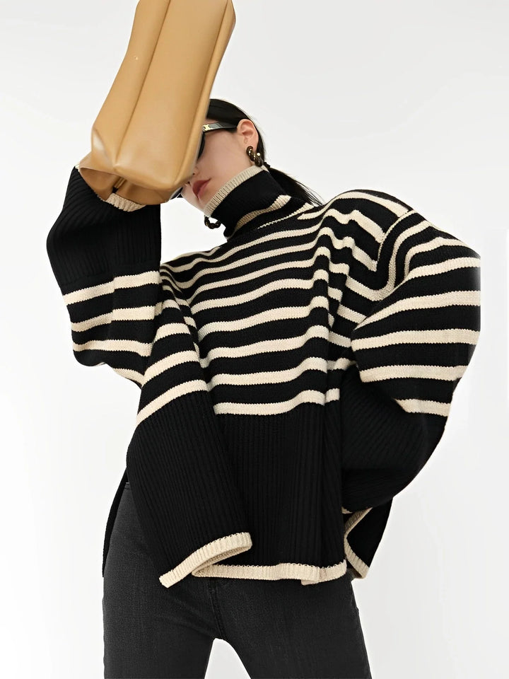 Modern Oversized Stribet Rullekrave Sweater for Dame | Idealisk för vintern