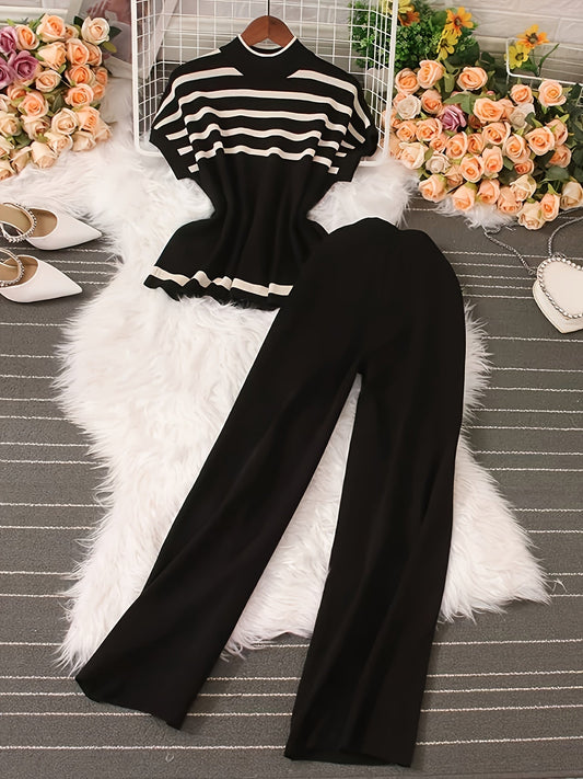 Avslappnad Retro Randig Print Byxdress med Mockhals och Outfit Set för Dam | Perfekt för lediga dagar