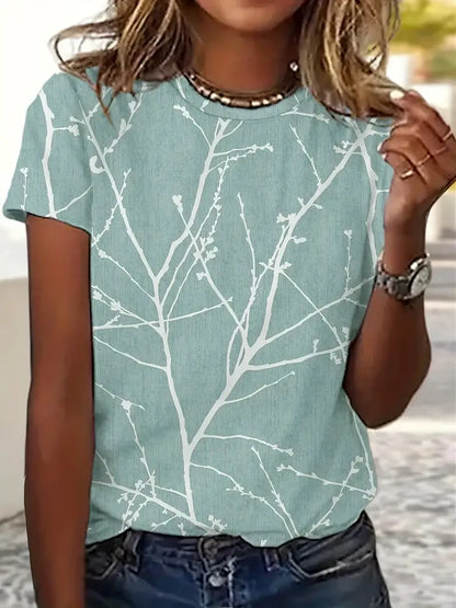 Variant image for Dam Elegant Mjuk T-Shirt med Växttryck och Cirkulär Halsringning-1